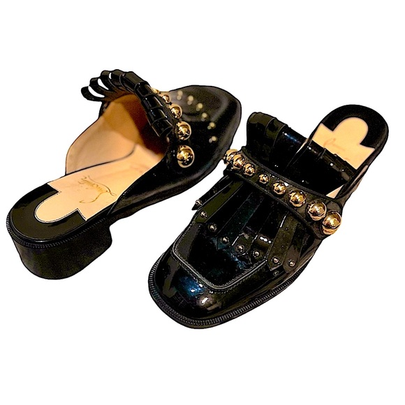 CHRISTIAN LOUBOUTIN PATENT BLACK MULES - Picture 1 of 9